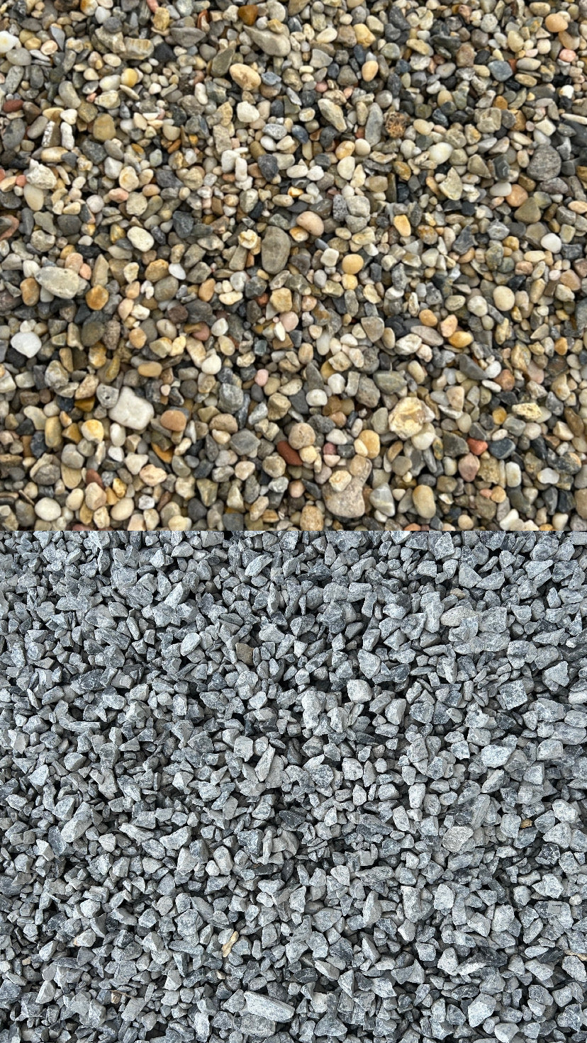 The image shows two types of gravel. The top section features smooth, multi-colored river gravel in tan, brown, and gray hues. The bottom section displays angular, gray crushed stone, likely #57 limestone.